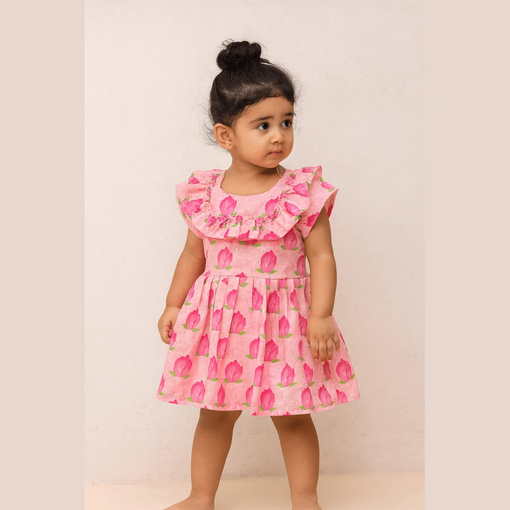 Kids Floral Pink Halfwhite hakoba Frock CF365